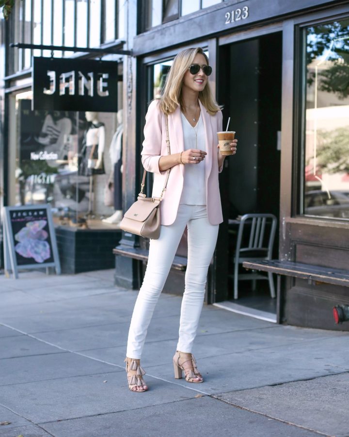 summer outfit ideas for work: blush blazer with white cami and white jeans