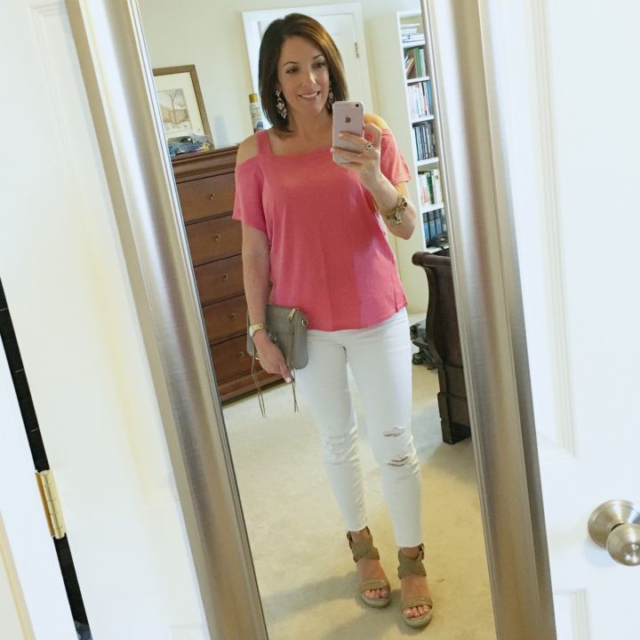 Summer Date Night Outfit -- Splendid Vintage Whisper Layer Cold Shoulder Tee with J. Brand Crop Jeans and Stuart Weitzman Elixir Wedge Sandals