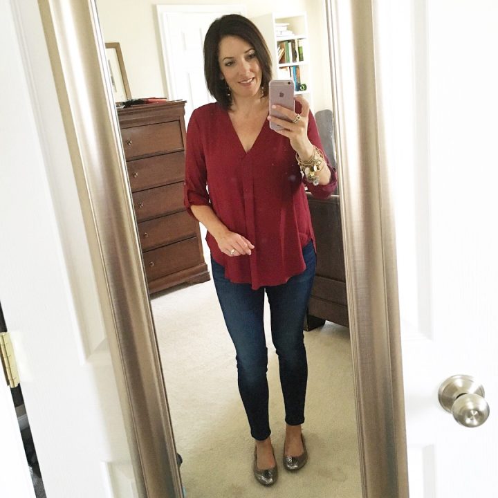 lush blouse with skinnies and tory heidi flats