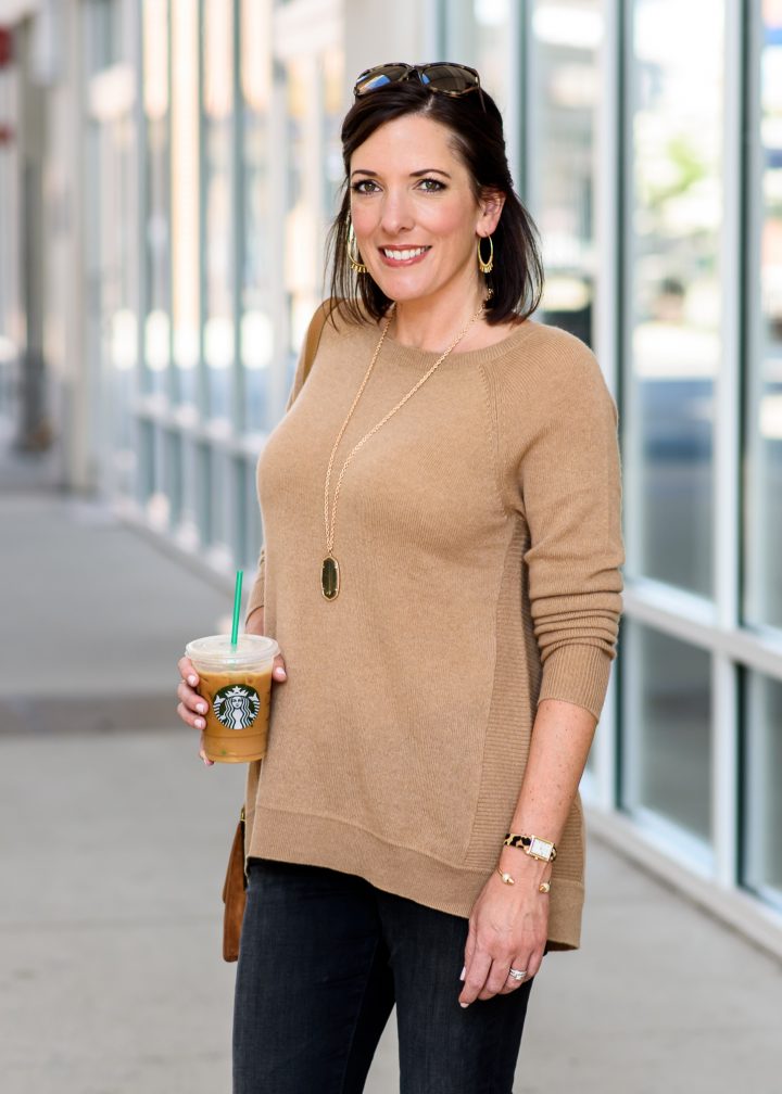 Looking for some fall fashion inspiration? This camel and black outfit with a pop of giraffe print practically screams fall. Pumpkin spice latte, anyone???