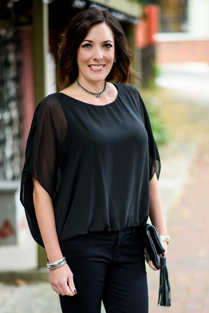 I absolutely love a black on black outfit. It's so chic and sophisticated and a little mysterious -- perfect for a GNO or a date night with your honey.