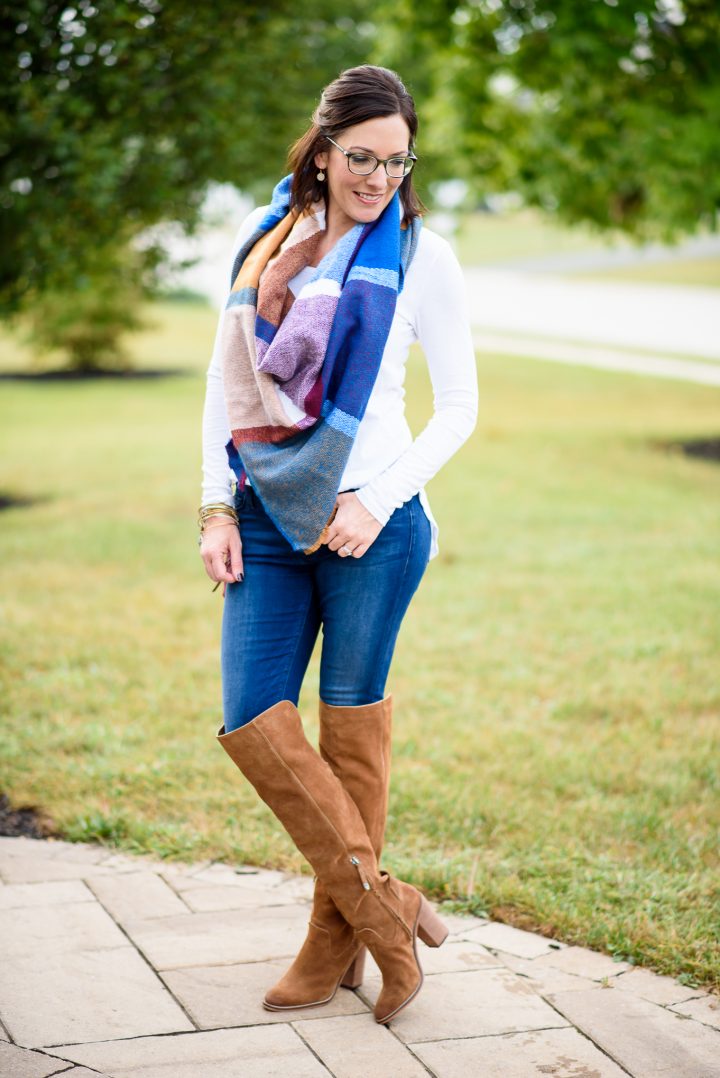 I'm styling a blanket scarf and over the knee boots for a fun fall look!