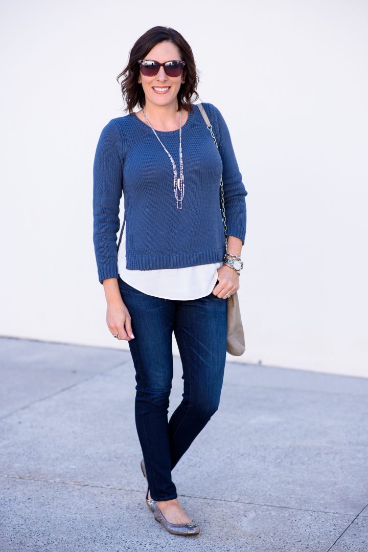 Fashion Over 40: Kicking off fall fashion with this LOFT Chunky Two-In-One Sweater, AG Super Skinny Jeans, and Tory Burch Heidi ballet flats