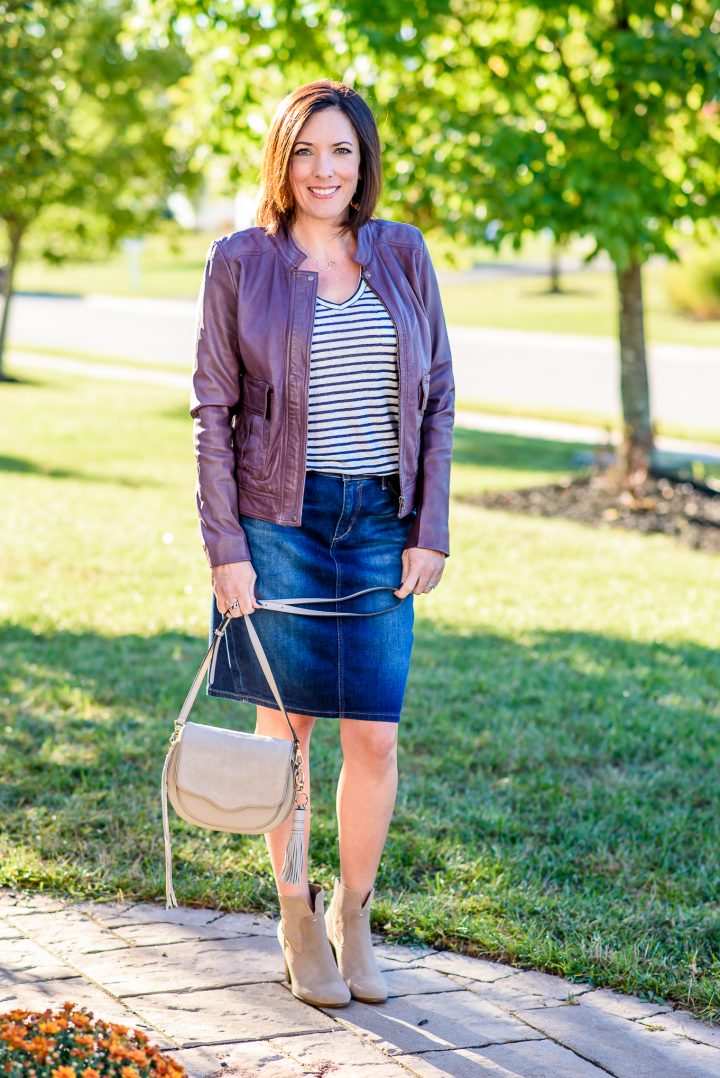 How to wear a denim skirt with ankle boots