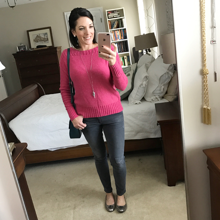 pink-pointelle-sweater-with-grey-jeans