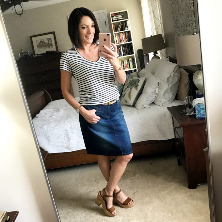 The perfect early fall outfit: Paige Lynnea Stripe V-Neck Pocket Tee with a denim pencil skirt, leopard belt, and Dolce Vita Randi Wedge Sandals