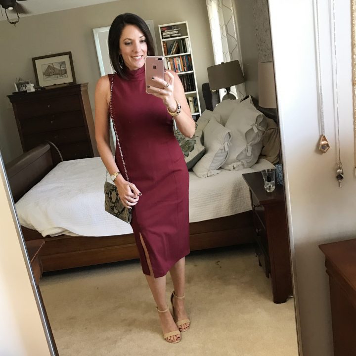 Fall Cocktail Party? Yes please! This White House Black Market Mock Neck Sheath Dress with tan suede Steve Madden Carrson Sandals is perfectly chic.