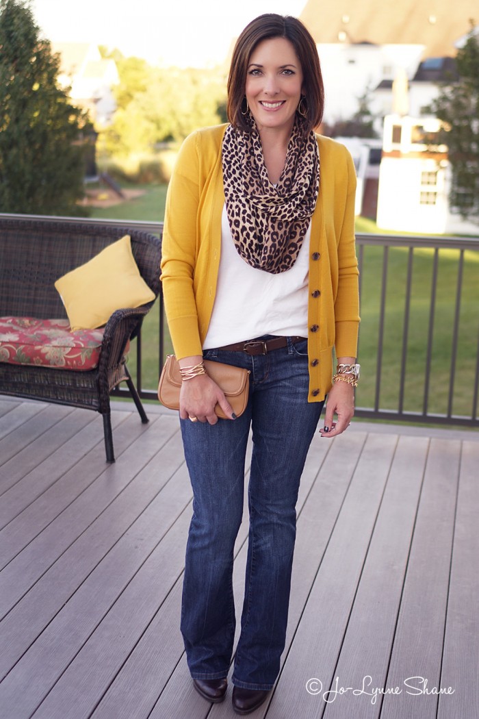 Fall Outfit Inspo: Mustard Cardigan with Leopard Scarf