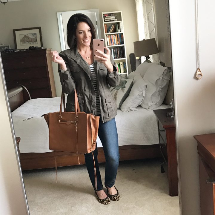 My favorite fall outfit: utility jacket with striped tee and leopard flats. The R Minkoff Always On Regan Tote in Almond is the perfect finishing touch!