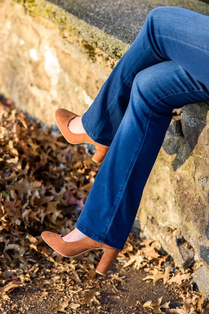 Thanksgiving Outfit Idea featuring Payless cognac suede pumps