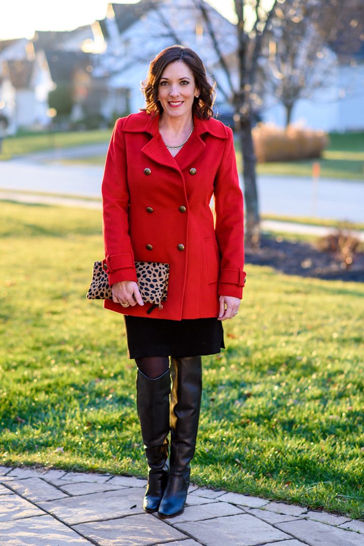 Holiday Style: Red Pea Coat over Black Sweater Dress with Black OTK Boots & Leopard Clutch