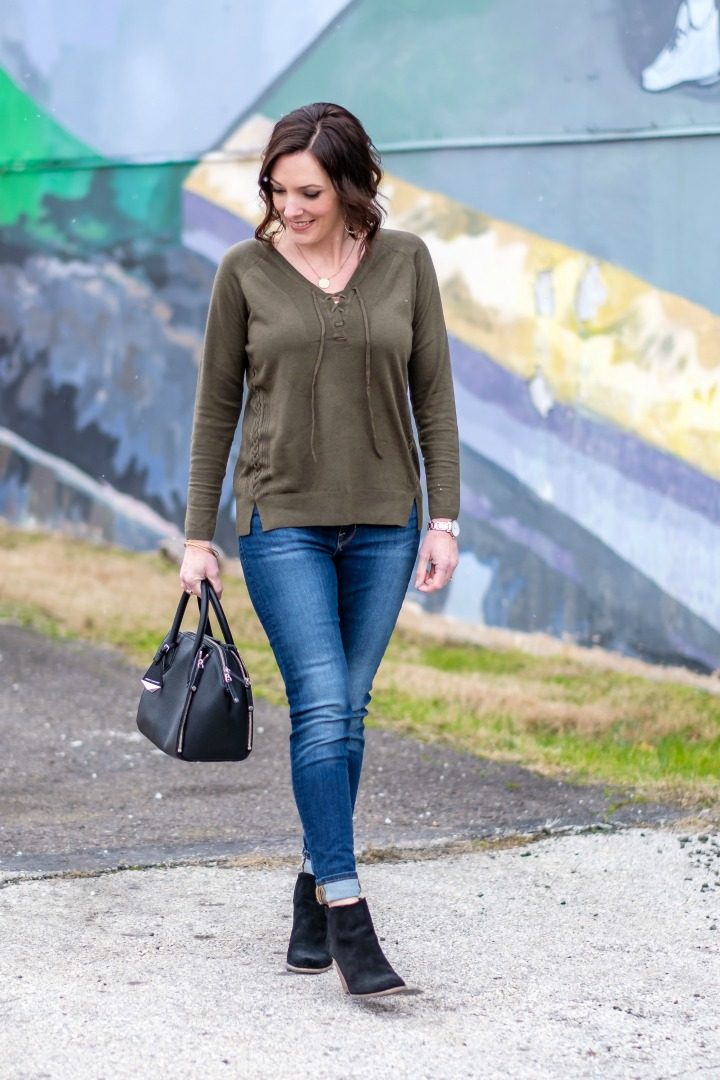 Spring Transitional Style with Lucky Brand: Raglan Lace Up Sweater in Grape Leaf + Brooke Legging Jeans