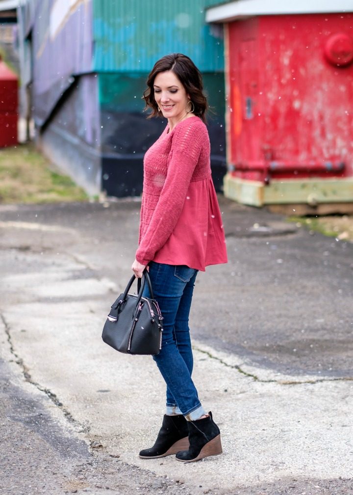 Spring Transitional Style: pink Drape Back Sweater, Lucky Brand Brooke Legging Jeans, and booties