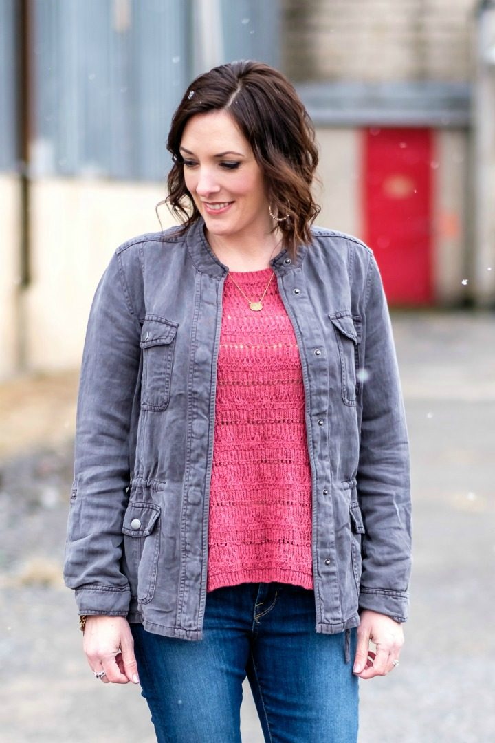 Spring Transitional Style with Lucky Brand: Collarless Utility Jacket with pink Drape Back Sweater