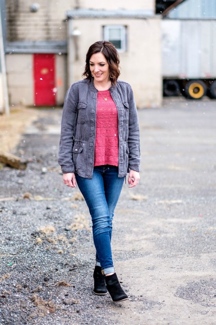 Spring Transitional Style with Lucky Brand: Collarless Utility Jacket with pink Drape Back Sweater, Jeans & Booties