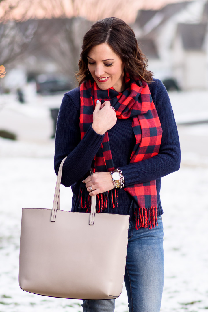 Casual Winter Outfit Formula: Skinny Jeans + Solid Pullover + Scarf ...