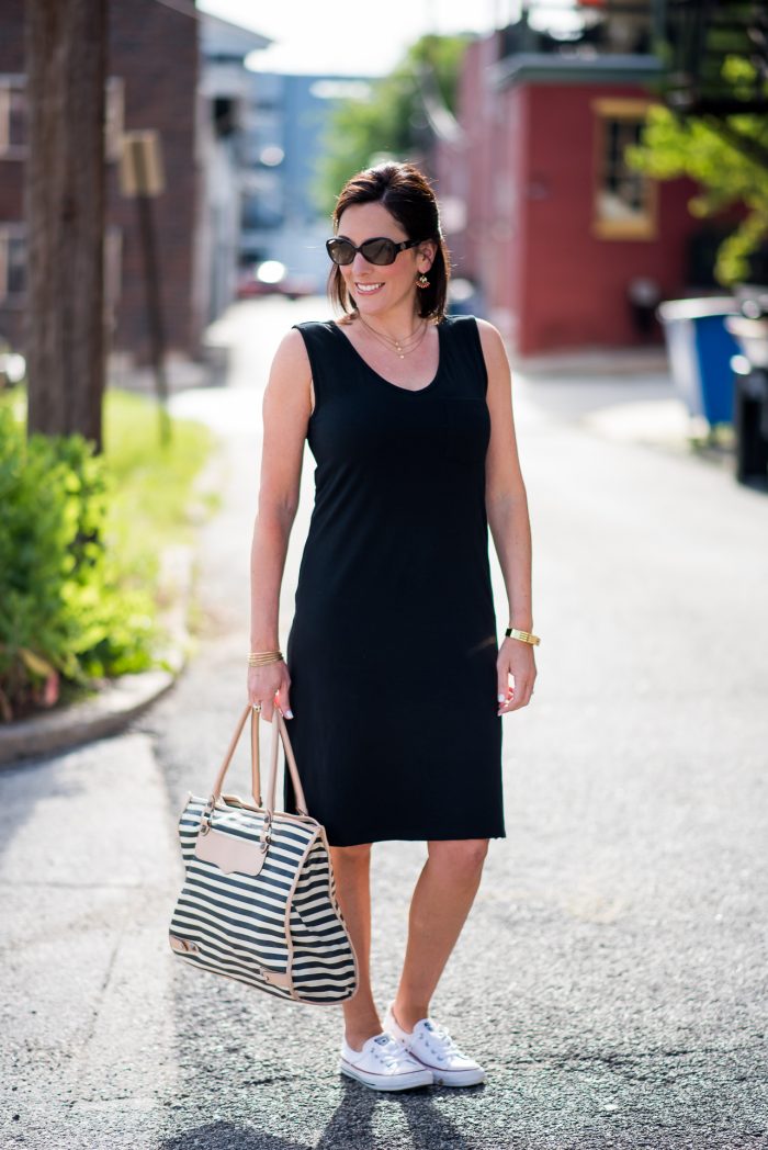 Outfit Idea: Black T-shirt Dress + White Sneakers.