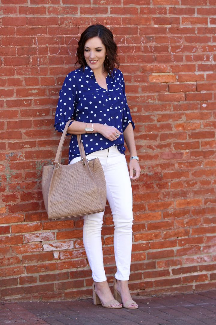 white polka dot shirt outfit