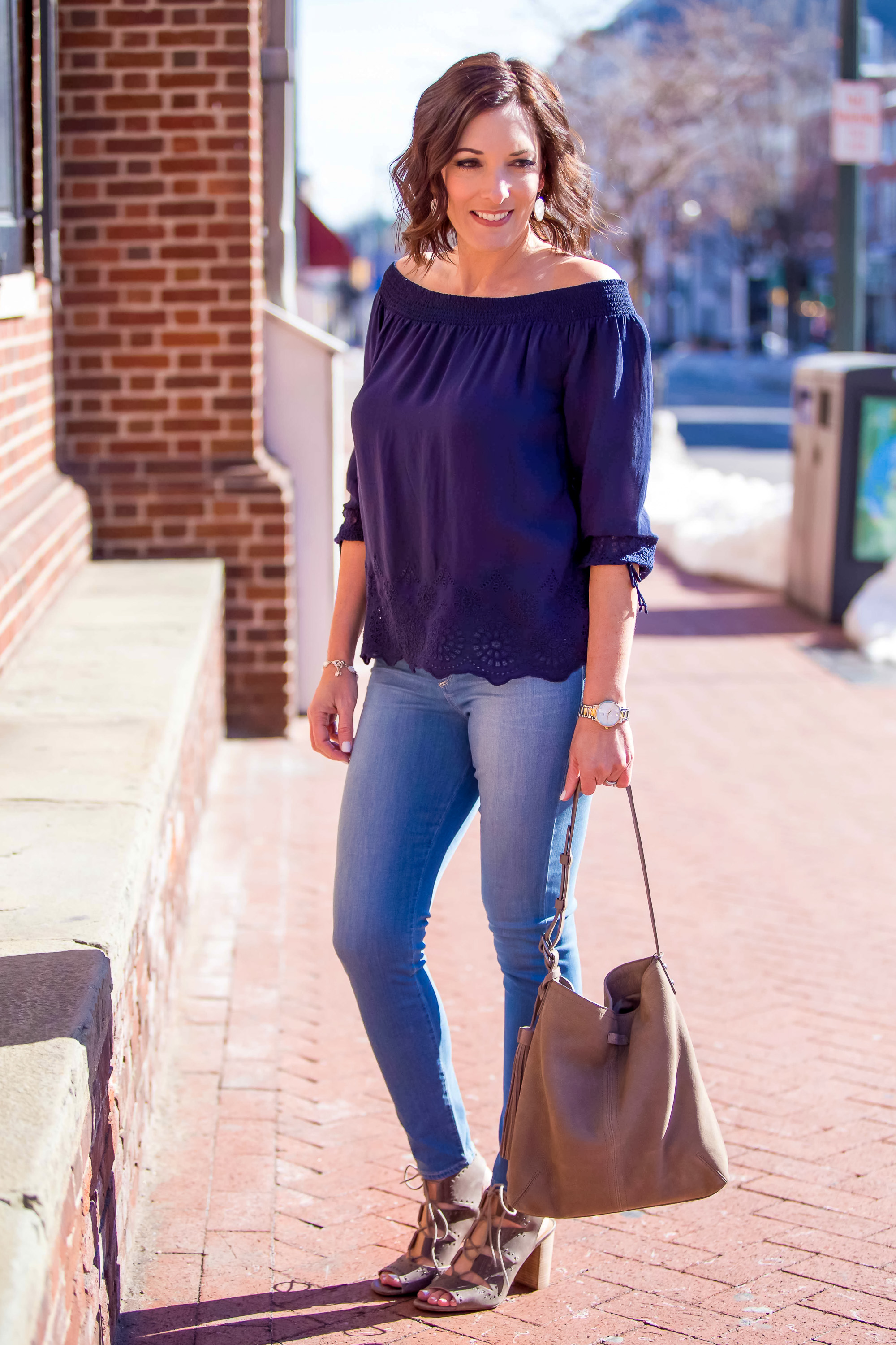 Eyelet Off-the-Shoulder Top Outfit with Lucky Brand