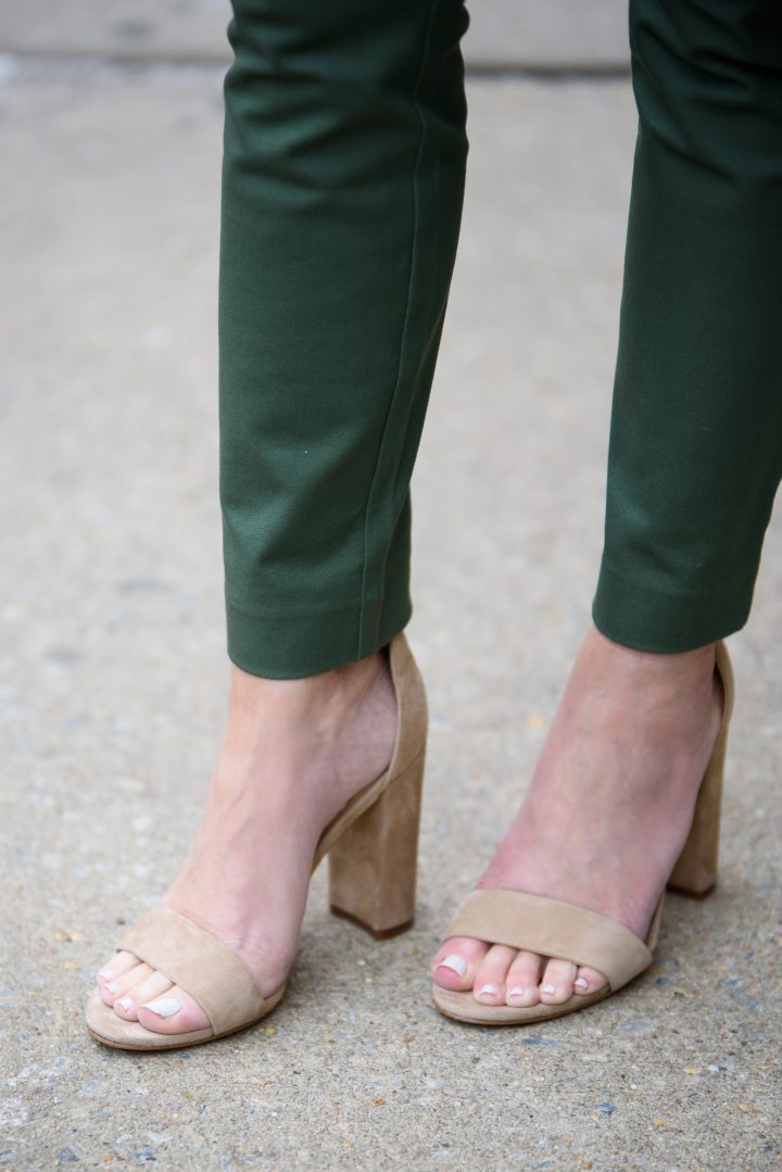 Jungle Green Ankle Skinny Pants and Oatmeal Suede Sam Edelman Yaro Ankle Strap Sandals