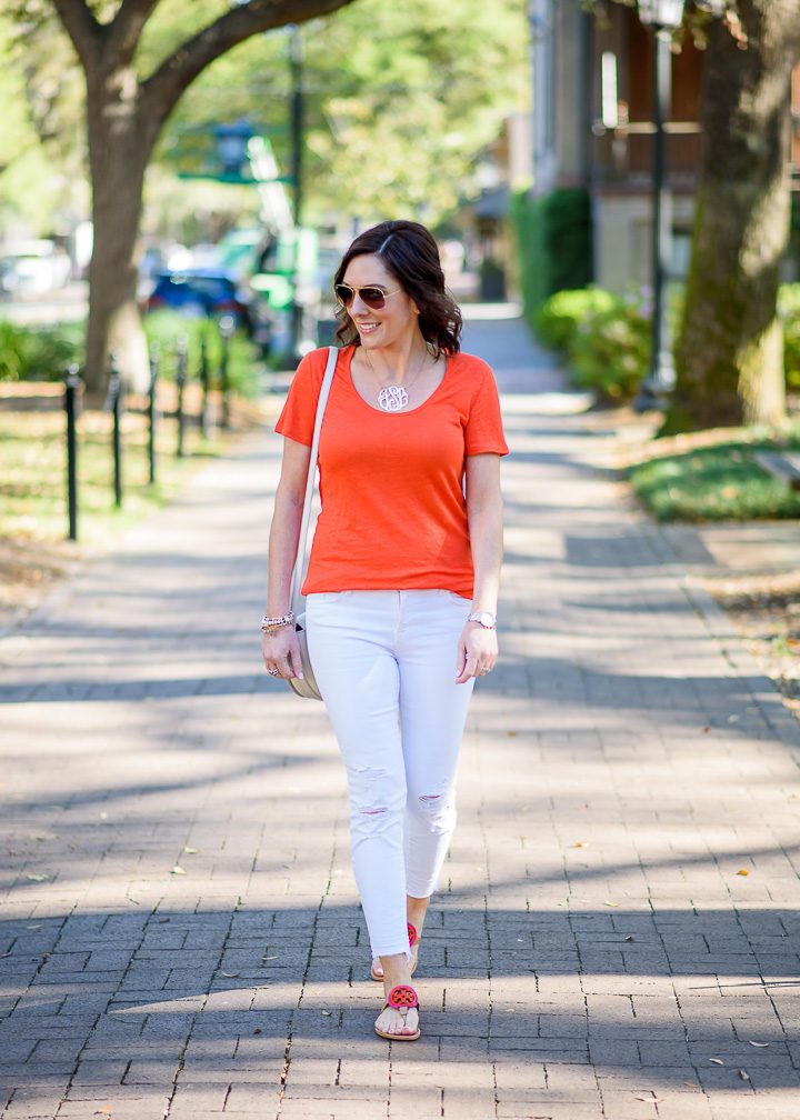 white and orange outfit