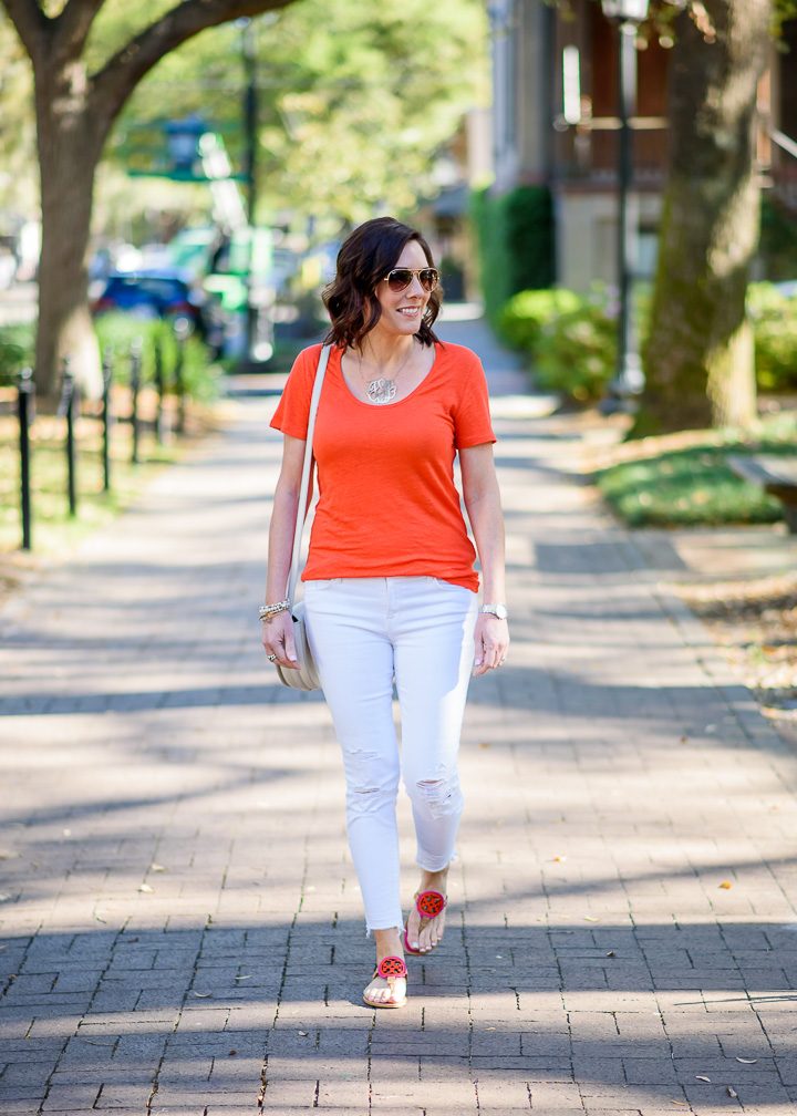 Orange & White Spring Outfit with Tory Burch Miller Fringe Thong Sandals