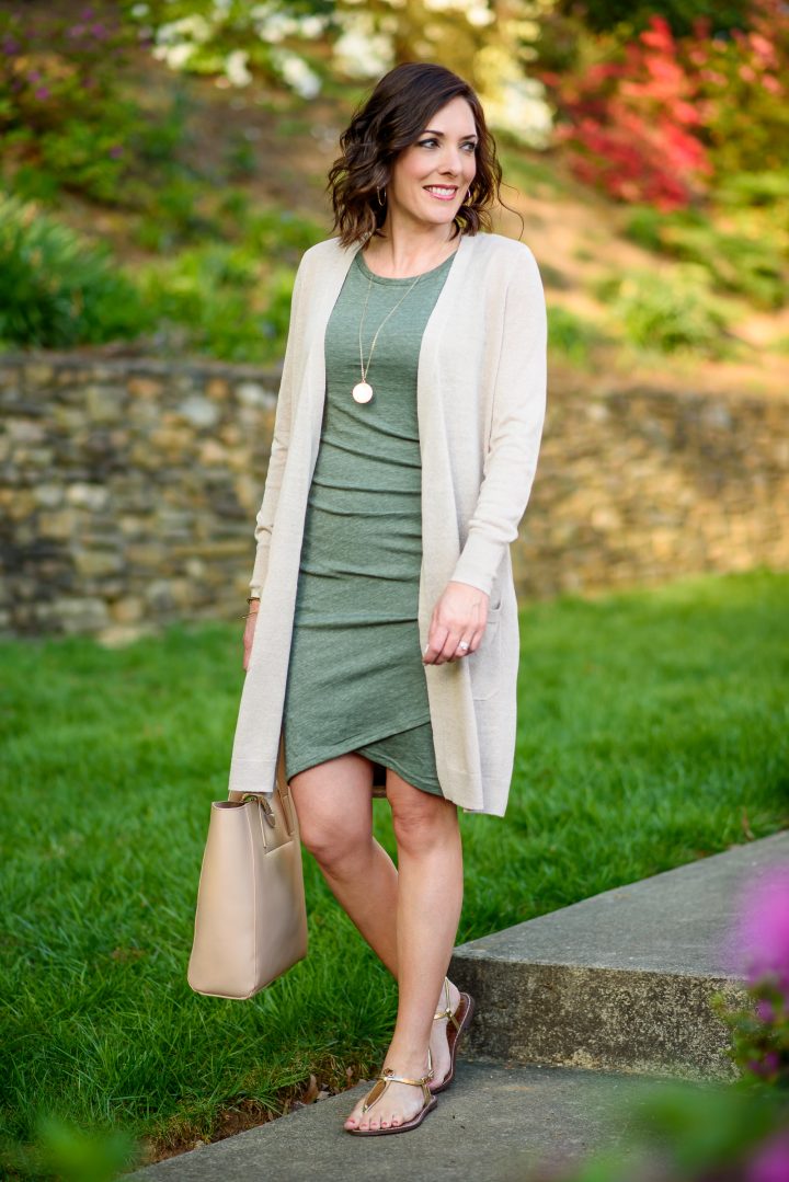 Ruched Tank Dress Outfit: Jo-Lynne Shane wearing Leith Ruched Body-Con Tank Dress with Halogen Long Linen Blend Cardigan