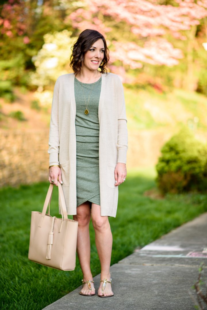 Ruched Tank Dress Outfit: Jo-Lynne Shane wearing Leith Ruched Body-Con Tank Dress with Halogen Long Linen Blend Cardigan