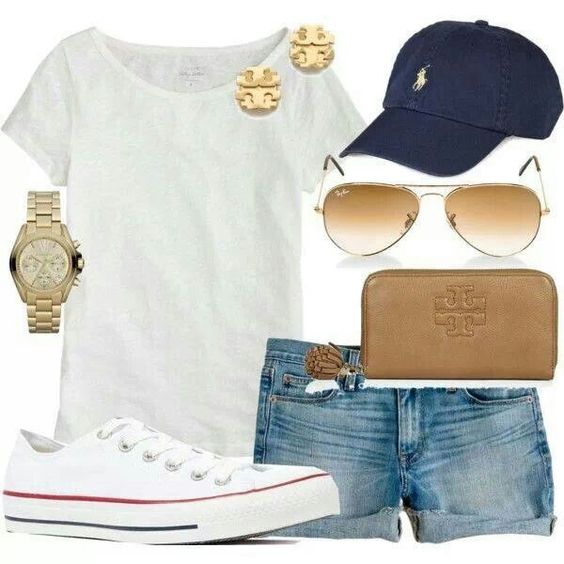 My go-to soccer mom outfit: jean shorts, white tee, Converse & casual accessories!