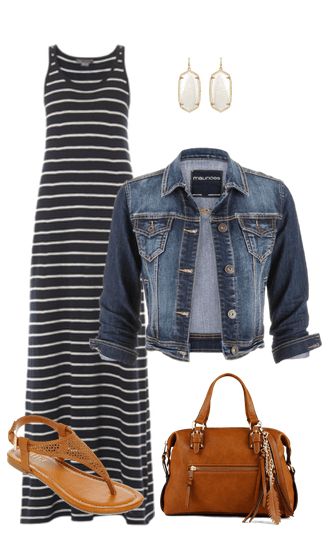 Summer outfit inspo: maxi skirt, denim jacket, thong sandals, fab handbag, cute earrings, done!