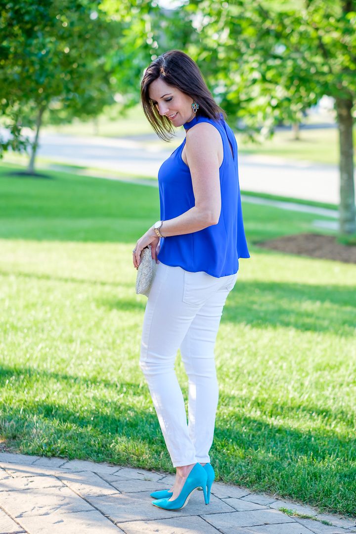 Choker Neck Top Outfit with blue Lush choker swing tank, white jeans, and turquoise pumps
