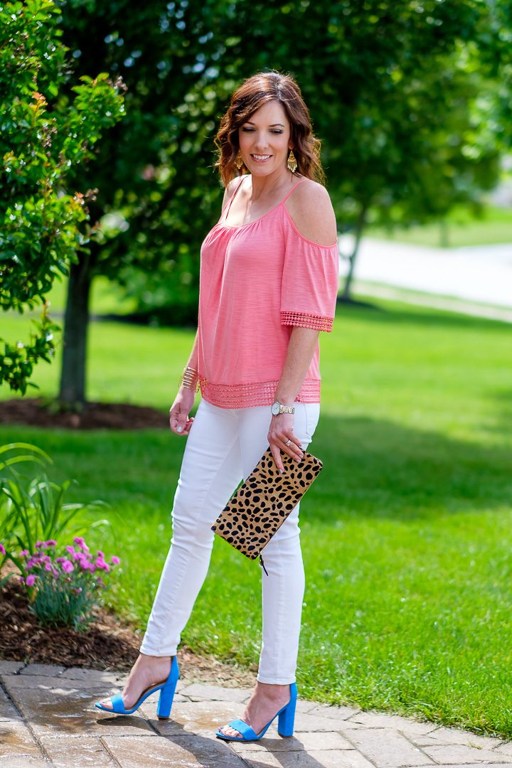 Coral Cold Shoulder Top with White Jeans and Blue Sandals & Leopard Clutch