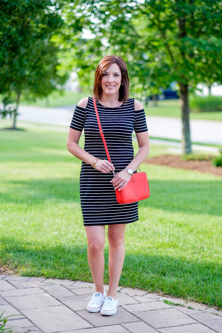 Cold Shoulder Striped Sneaker Dress with red handbag and Converse Shoreline