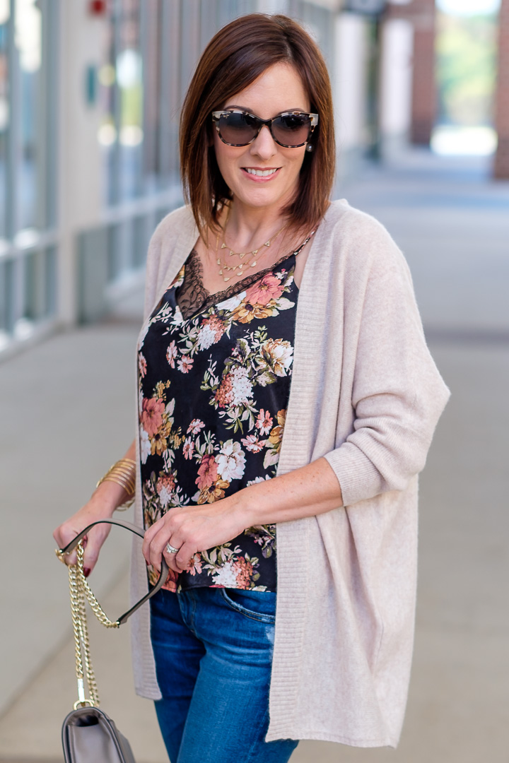 floral cami with beige oatmeal cardigan