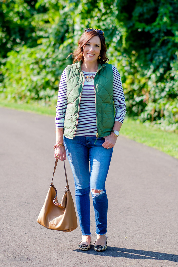 Jo-Lynne Shane styling a Quilted Puffer Vest and Striped Top with Leopard Flats for Day 7 of 26 Days of Fall Fashion