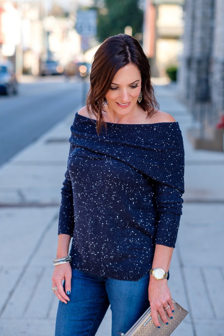 Jo-Lynne Shane wearing a casual fall date night outfit with LOFT flecked off-the-shoulder sweater and AG Farrah skinny jeans.
