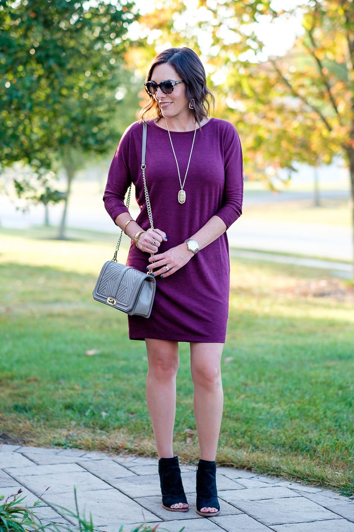 Jo-Lynne Shane wearing a fall dress outfit with peep-toe booties. #fallfashion #falldress