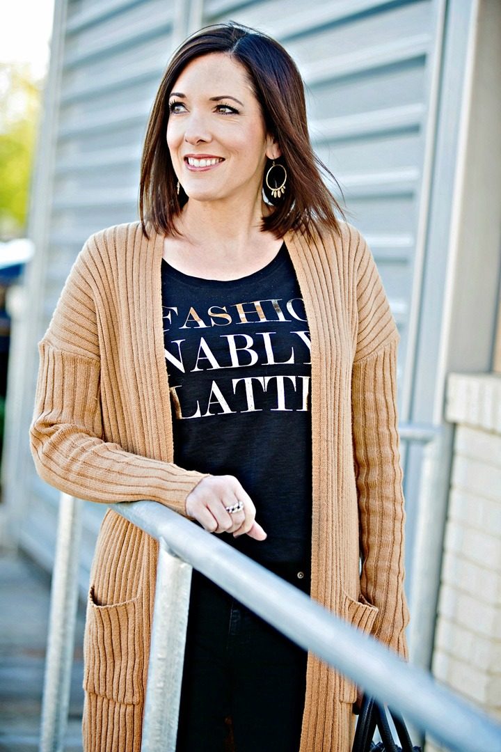 Graphic Tee with Camel Cardigan and Leopard Flats | Fall Outfit | Fall Fashion #fallfashion