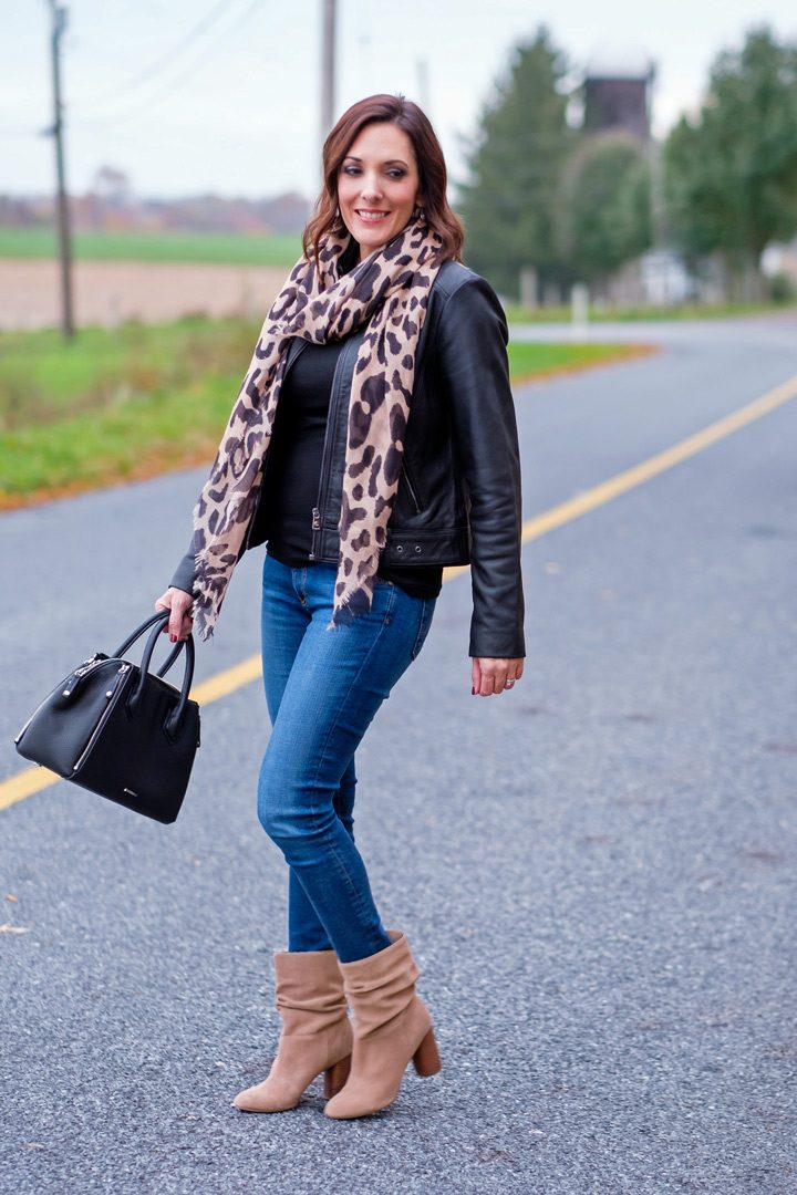 How to Wear a Leopard Scarf with Black Leather Jacket