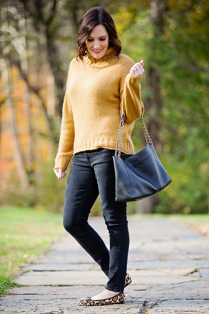 Leopard Flats with black jeans and mustard yellow sweater
