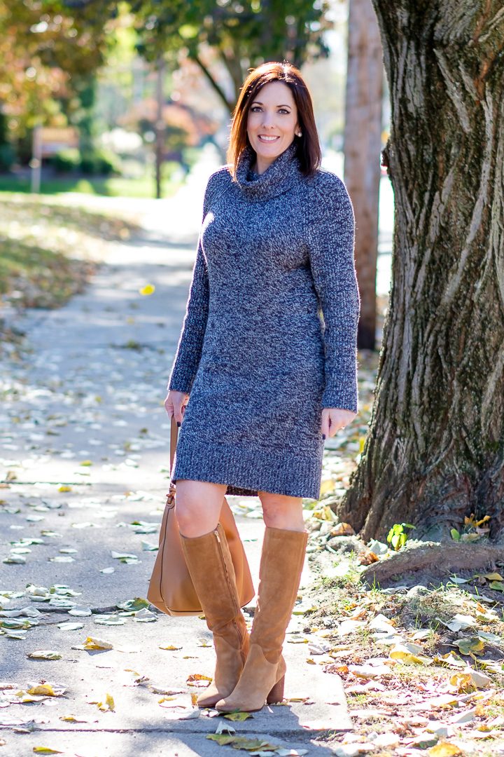 Jo-Lynne Shane styling a Thanksgiving outfit idea with Treasure&Bond Turtleneck Sweater Dress and Sam Edelman cognac tall boots.