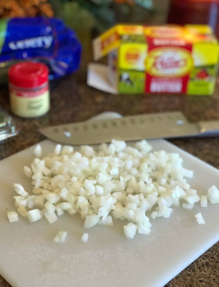Chopped onions for herbed bread stuffing recipe
