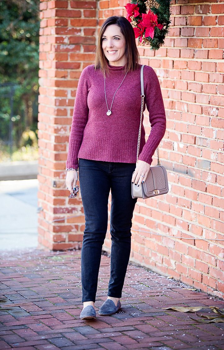 casual winter outfit: Madewell Inland rolled turtleneck with Hudson Nico skinnies and Vince Milo suede loafers
