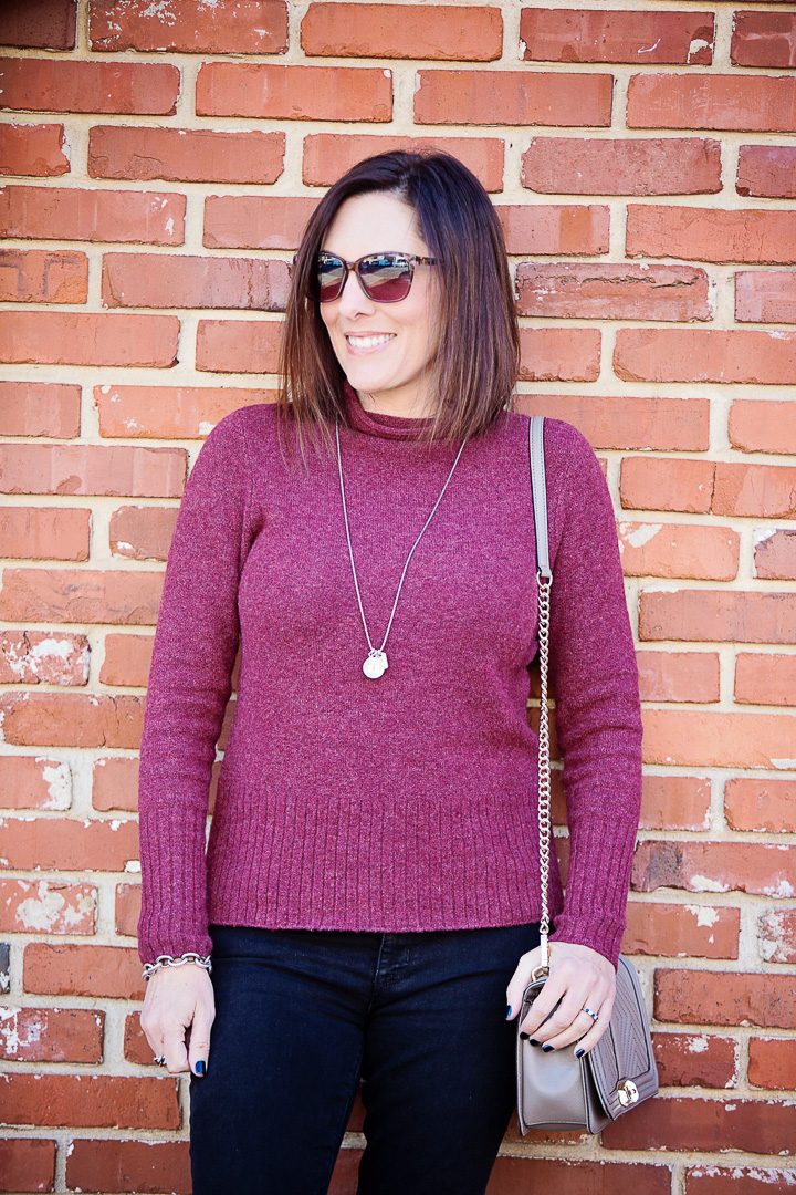 winter outfit with Madewell Inland turtleneck sweater in hthr burgundy