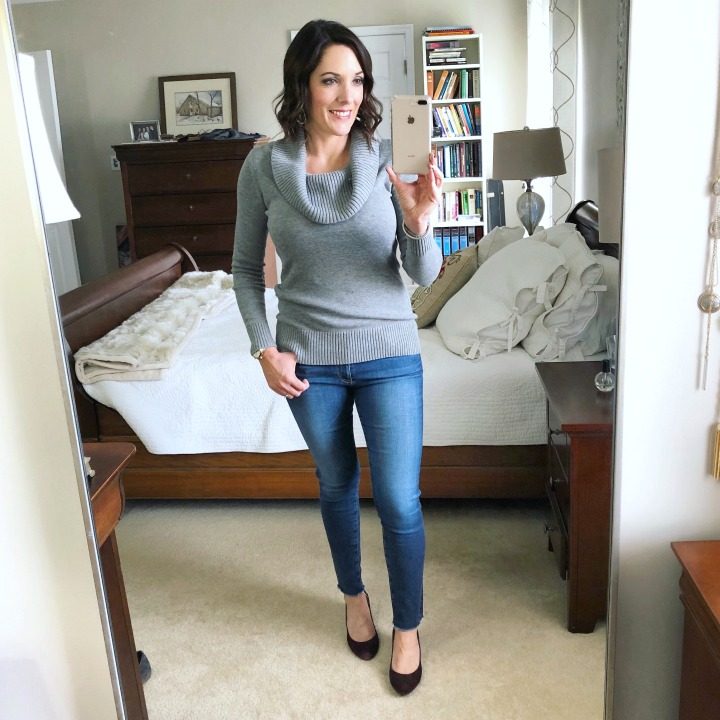 Grey Cowl Neck Sweater with jeans and L.K. Bennett Oxblood Suede Pumps