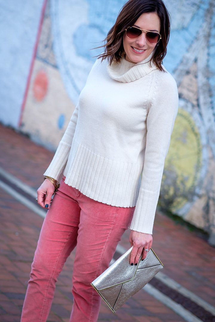 winter white turtleneck with pink velvet pants and metallic clutch | winter outfit | fashion over 40