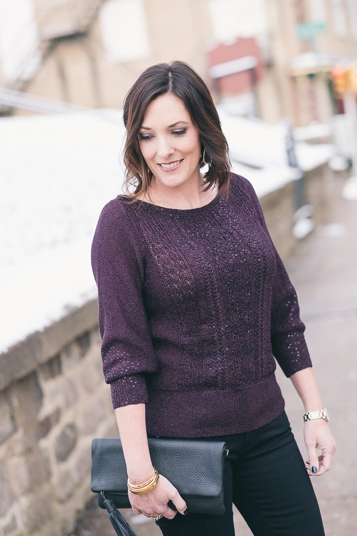 New Year's Eve party outfit with plum sequined pullover