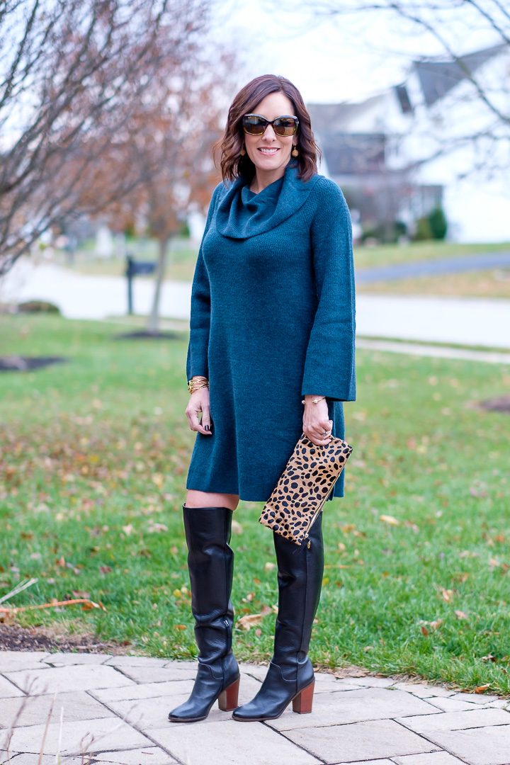 25 Days of Winter Fashion: Jo-Lynne Shane wearing LOFT cowlneck sweater dress with black OTK boots and leopard clutch.