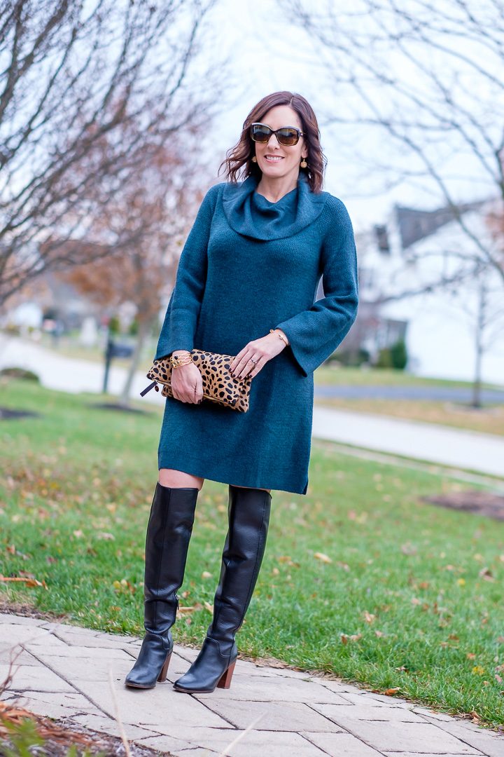 25 Days of Winter Fashion: Jo-Lynne Shane wearing LOFT cowlneck sweater dress with black OTK boots and leopard clutch.