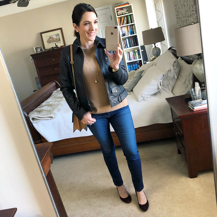 camel cashmere sweater, leather jacket, skinny jeans, and L.K. Bennett pumps
